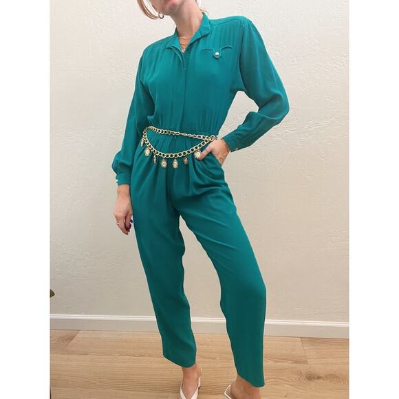 Vintage 1980's 100% Silk Turquoise Long Sleeve Utility Jumspuit - Picture 8 of 9